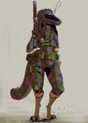  absurd_res alien anthro armband armor belt camo camo_clothing camo_print claws clothed clothing deltav female ghillie_suit gun headgear helmet hi_res holding_gun holding_object holding_ranged_weapon holding_weapon laser_gun load_bearing_equipment long_tail military pattern_clothing pinwheel_(snekguy) ranged_weapon rolled_up_pants rolled_up_sleeves simple_background snekguy soldier solo standing tail tentacle thick_tail trigger_discipline utility_belt valbaran warrior weapon wide_hips 