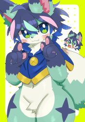  2024 :3 ahoge big_tail black_hair blue_clothing blue_eyes blue_markings blue_poncho blush blush_lines bottomless canid canine chibi clothed clothing countershading crotch_fur crotch_lines cute_fangs dinogaize eye_through_hair fox fur glistening glistening_eyes gloves_(marking) green_body green_fur green_highlights green_nose hair highlights_(coloring) kemono looking_at_viewer mammal markings navel pink_highlights polaris_(polaris_mint) poncho poncho_only portrait pose production_taiikukan solo tail thick_thighs three-quarter_portrait translucent translucent_hair white_body white_countershading 