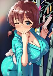  aqua_eyes aqua_kimono bamboo blush braid breasts brown_hair cleavage closed_mouth commentary_request emma_verde female freckles hair_between_eyes heart heart-shaped_pupils highres japanese_clothes kimono large_breasts looking_at_viewer love_live! love_live!_nijigasaki_high_school_idol_club obi one_eye_closed pisagi sash sidelocks smile solo symbol-shaped_pupils tanabata twin_braids wide_sleeves yukata 