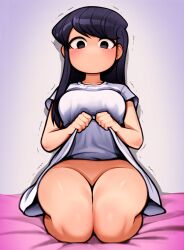  black_eyes black_hair blush bottomless breasts clothes_lift collarbone dress dress_lift female gradient_background groin highres komi-san_wa_komyushou_desu komi_shouko large_breasts long_hair loodncrood no_mouth seiza shiny_skin short_sleeves sitting solo trembling 