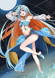  :d \n/ alternate_costume arm_up armpits bare_shoulders barefoot_sandals_(jewelry) blonde_hair blue_hair blue_tube_top colored_inner_hair commentary counter:side dancing ddolggol detached_sleeves double_\n/ dutch_angle female ferroniere full_body full_moon gold_trim gradient_hair groin harem_outfit highres jewelry leg_up light_blue_hair long_hair looking_at_viewer moon multicolored_hair navel neck_ring necklace orange_hair outstretched_arm pelvic_curtain red_eyes see-through see-through_sleeves sigma_(counter:side) sky smile solo sparkle star_(sky) starry_sky stirrup_footwear stomach strapless tassel tiptoes tube_top variant_set very_long_hair white_sleeves 