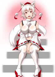  animal_ear_fluff animal_ears bare_shoulders between_legs black_skirt breasts commentary_request detached_sleeves eyelashes female geta hand_between_legs hat highres impossible_clothes impossible_shirt inubashiri_momiji large_breasts light_blush looking_at_viewer midriff miniskirt nose open_mouth pigeon-toed pom_pom_(clothes) red_eyes red_hat red_ribbon red_skirt ribbon ribbon-trimmed_sleeves ribbon_trim shiraue_yuu shirt short_hair sitting sitting_on_stairs skirt sleeveless sleeveless_turtleneck solo stairs tail teeth tengu-geta thighhighs tokin_hat touhou turtleneck two-tone_skirt upper_teeth_only white_hair white_shirt white_sleeves white_thighhighs wolf_ears wolf_tail 