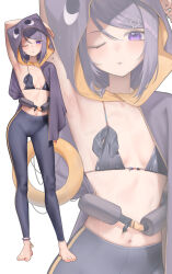  ;o absurdres ankle_strap arm_behind_head armpits barefoot bikini black_bikini black_leggings breasts cape cat_hair_ornament contrapposto crotch_seam female full_body hair_ornament highres hood hood_up hooded_cape innertube ksp_(vtuber) leggings long_hair looking_at_viewer medium_hair meridian_project navel one_eye_closed purple_cape purple_eyes purple_hair purple_hood rryiup small_breasts standing stomach sweat swept_bangs swim_ring swimsuit virtual_youtuber wet white_background zoom_layer 