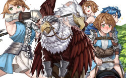  1boy alain_(unicorn_overlord) armor axe battle_axe belt blue_hair blush breasts brown_belt brown_hair closed_mouth dress faulds female fran_(unicorn_overlord) gloves green_eyes griffin holding holding_weapon hug hug_from_behind kahadu_(kawazu) multiple_views one_eye_closed open_mouth pauldrons red_eyes reins short_hair shoulder_armor sleeveless sleeveless_dress small_breasts smile sweat unicorn_overlord wavy_mouth weapon 