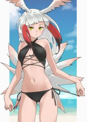  alternate_costume bare_arms bare_legs bare_shoulders beach bikini bird_girl bird_tail bird_wings black_bikini black_hair blunt_bangs cowboy_shot female head_wings highres japanese_crested_ibis_(kemono_friends) kemono_friends long_hair looking_at_viewer midriff multicolored_hair navel red_hair sidelocks solo swimsuit tail tanabe_(fueisei) white_hair wings yellow_eyes 