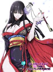  absurdres arm_behind_back artist_name bare_shoulders between_fingers black_hair black_kimono breasts cleavage eyelashes female final_fantasy final_fantasy_xiv fingernails flower green_eyes hair_flower hair_ornament hair_stick hand_up highres holding holding_smoking_pipe hyur japanese_clothes kimono kiseru lakugali_shiki large_breasts long_hair medium_bangs mole mole_under_mouth nail_polish obi off_shoulder red_nails sash simple_background smile smoking_pipe solo white_background yellow_sash yotsuyu_goe_brutus 