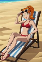  ai_generated beach beach_chair ben_10 ben_10_ultimate_alien bikini breasts cleavage feet female female_focus female_only flip_flops ginger ginger_hair gwen_tennyson medium_breasts orange_hair ponytail 