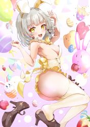  absurdres animal_ears apple ass balloon bare_back bird breasts chick easter egg female food fruit grey_hair heart_balloon high_heels highres medium_breasts momiji_akiba open_mouth production_kawaii rabbit rabbit_balloon rabbit_ears shee_icho strawberry thighhighs unworn_shoe virtual_youtuber yellow_eyes yellow_thighhighs 