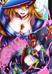  2girls bare_shoulders blonde_hair blue_hat blush blush_stickers breasts card card_in_mouth choker cleavage collarbone dark_magician_girl detached_sleeves diabellstar_the_black_witch dress duel_monster gloves green_eyes green_hair grey_hair half_mask hat hexagram highres holding hood hood_up large_breasts long_hair looking_at_viewer mask medium_hair mouth_hold multicolored_hair multiple_girls open_mouth pale_skin pentacle pentagram pink_skirt red_mask shiina_aono short_hair single_glove single_sleeve skirt smile wizard_hat yu-gi-oh! 