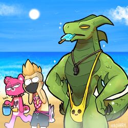  1girls 2boys anthro beach bear bulge cuddle_team_leader dragon drift_(fortnite) epic_games female fortnite hiroshark human hybrid_(fortnite) male male_focus meme partially_clothed peely scalie summer_drift swimsuit tagme video_games 