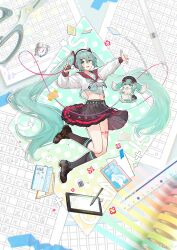  :d absurdres alarm_clock arm_up black_footwear black_sailor_collar black_skirt black_socks body_writing chinese_commentary clock commentary_request creature crossed_bangs female full_body green_eyes green_hair green_neckerchief hair_between_eyes hatsune_miku highres holding jumping kneehighs long_hair long_sleeves looking_at_viewer midriff_peek neckerchief nominus open_mouth outstretched_arm paper pleated_skirt ruler sailor_collar school_uniform scissors serafuku shirt shoes skirt smile socks solo stylus tablet_pc twintails very_long_hair vocaloid w watermark weibo_logo weibo_watermark white_shirt 