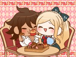  2girls ^_^ argyle_background bare_arms basket belt black_eyes blonde_hair blue_brooch bow bowtie braid breasts brown_hair buttons checkerboard_cookie chibi cleavage closed_eyes collared_shirt commentary_request cookie crown_braid crumbs danganronpa_(series) danganronpa_2:_goodbye_despair dark-skinned_female dark_skin doughnut eyelashes feeding food full_body green_bow green_skirt green_vest hairbow handkerchief holding holding_food holding_handkerchief large_breasts leaning_forward light_blush long_hair messy_hair miniskirt muffin multiple_girls on_chair open_mouth owari_akane pale_skin pink_background pleated_skirt pocket puffy_short_sleeves puffy_sleeves red_bow red_bowtie red_skirt shirt short_sleeves sitting skirt skirt_set smile solid_oval_eyes sonia_nevermind studded_belt table triangle_mouth very_long_hair vest white_belt white_shirt yumaru_(marumarumaru) 