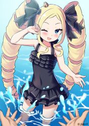  1other alternate_costume artist_name bare_shoulders beatrice_(re:zero) black_one-piece_swimsuit black_ribbon blonde_hair blue_eyes blush butterfly-shaped_pupils commentary_request crown day drill_hair female frilled_one-piece_swimsuit frills grey_sky hair_ribbon in_water long_hair looking_at_viewer one-piece_swimsuit one_eye_closed open_mouth pink_pupils pov re:zero_kara_hajimeru_isekai_seikatsu ribbon s_(hdru2332) sky solo_focus splashing standing swimsuit symbol-shaped_pupils twin_drills twitter_username watermark 