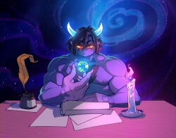  black_hair candle curved_horn demon demon_humanoid earth hair half-closed_eyes hi_res horn humanoid humanoid_pointy_ears lapinbeau male mizziloth muscle_tone muscular muscular_humanoid muscular_male narrowed_eyes pecs planet purple_body purple_skin yellow_sclera 