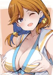  absurdres alternate_breast_size alternate_hairstyle bikini blush breasts cleavage collarbone commentary_request female gengoroh grabbing_own_breast hair_ornament hair_over_shoulder highres large_breasts looking_at_viewer love_live! love_live!_superstar!! medium_hair one_eye_closed open_mouth orange_hair purple_eyes shibuya_kanon solo star_(symbol) star_hair_ornament swept_bangs swimsuit upper_body white_bikini 