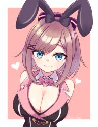  :3 animal_ears aqua_eyes arms_behind_back bare_shoulders black_bow black_vest bow bowtie breasts brown_hair cleavage closed_mouth collar collarbone commentary_request detached_collar female hair_ornament hairbow hairclip heart huge_breasts lise_imo looking_at_viewer medium_hair nijisanji pink_background pink_bow pink_bowtie pink_vest playboy_bunny purple_bow rabbit_ears raised_eyebrow smile solo striped_bow suzuhara_lulu twitter_username two-tone_background two-tone_bow vest virtual_youtuber white_background white_collar 