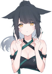  absurdres animal_ears bandeau black_bandeau black_hair breasts cat_ears cat_girl cleavage criss-cross_halter cropped_torso facial_mark female final_fantasy final_fantasy_xiv green_nails halterneck highres index_fingers_raised miqo&#039;te ponytail sana_(sanamaru_0w0) solo upper_body warrior_of_light_(ff14) whisker_markings yellow_eyes 