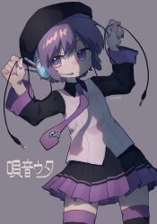  black_beret black_hat black_shirt black_skirt cable character_name closed_mouth collared_shirt cowboy_shot female hands_up hashtag-only_commentary hat headset holding holding_cable kuramotomori long_sleeves looking_at_viewer miniskirt musical_note necktie pleated_skirt purple_eyes purple_hair purple_necktie shadow shirt short_hair simple_background skirt solo standing thighhighs tie_clip utane_uta utau vest white_vest zettai_ryouiki 