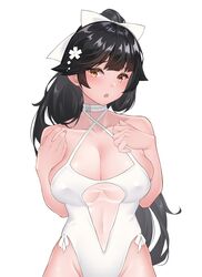  :o absurdres azur_lane bare_arms bare_shoulders black_hair blush bow breasts brown_eyes casual_one-piece_swimsuit clark_(159123) cleavage collarbone covered_navel covered_nipples criss-cross_halter female flower groin hair_flower hair_ornament hairbow halterneck hand_on_own_chest highleg highleg_swimsuit highres large_breasts long_hair looking_at_viewer official_alternate_costume one-piece_swimsuit open_mouth ponytail simple_background solo swimsuit takao_(azur_lane) takao_(beach_rhapsody)_(azur_lane) upper_body white_background white_bow white_flower white_one-piece_swimsuit 