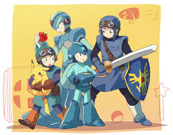  4boys android arm_cannon bullet_bill closed_mouth commentary_request crossover dragon_quest dragon_quest_ii erdrick&#039;s_shield goggles goggles_on_headwear helmet holding holding_pokemon holding_shield holding_sword holding_weapon kirby_(series) looking_at_another male_focus mario_(series) maxim_tomato mega_man_(character) mega_man_(classic) mega_man_(series) mega_man_x_(series) multiple_boys multiple_crossover pikachu poke_ball poke_ball_(basic) pokemon pokemon_(creature) pokemon_(game) prince_of_lorasia shield short_hair star_rod super_smash_bros. sword tomato wand weapon x_(mega_man) yuza 