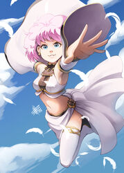  belt_collar blue_eyes chest_harness cloud cloudy_sky collar falling feathers female harness highres long_sleeves mateus_upd pink_hair rance_(series) sill_plain sky solo 