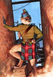  back_alley chisholm_tartan city city_background clothing digital_media_(artwork) digital_painting_(artwork) dion_hamill dutch_angle glengarry_cap hat headgear headwear hi_res kilt looking_aside looking_away male mammal mustelid otter plaid portrait shirt solo three-quarter_portrait topwear urban 