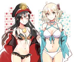  2girls ahoge artist_name bikini black_hair blonde_hair breasts coat coll_(erichankun) fate/grand_order fate_(series) haori hat japanese_clothes large_breasts long_hair multiple_girls navel oda_nobunaga_(fate) oda_nobunaga_(swimsuit_berserker)_(fate) oda_nobunaga_(swimsuit_berserker)_(second_ascension)_(fate) okita_j._souji_(fate) okita_j._souji_(third_ascension)_(fate) okita_souji_(fate) one_eye_closed small_breasts smile swimsuit 