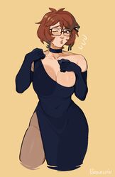  black_choker black_dress black_gloves borrowed_character breasts brown_eyes brown_hair choker cleavage dress elbow_gloves english_commentary female glasses gloves highres hot large_breasts original pantyhose porqueloin skindentation snowciel_(snowcie) solo sweatdrop yellow_background 