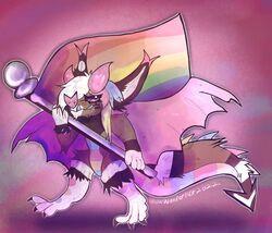  2022 anthro bat_nose belly_scales big_ears blonde_hair blue_hair blue_sclera blue_teeth brown_body brown_fur carlarzall claws digital_media_(artwork) flag flag_(object) fur hair hi_res holding_flag holding_object horn lgbt_pride membrane_(anatomy) membranous_wings monster pink_eyes pink_hair pride_color_flag pride_colors rainbow_pride_colors rainbow_symbol scaled_legs scales simple_background six-stripe_rainbow_pride_colors solo spade_tail spiked_tail spikes spikes_(anatomy) tail tail_scales teeth tipped_ears underbite wanderlust_(lambiechops) white_hair wings 