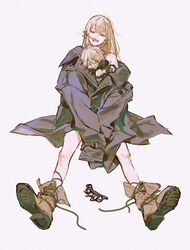  ankle_boots bare_shoulders biting blonde_hair bone boots brass_knuckles brown_footwear character_doll coat commentary cross-laced_footwear ear_piercing english_commentary female full_body grey_background grey_coat guideau head_tilt highres huangdanlan lace-up_boots long_hair long_sleeves looking_at_viewer majo_to_yajuu mouth_hold off_shoulder open_mouth outstretched_leg piercing shoe_soles simple_background sitting sleeves_past_fingers sleeves_past_wrists solo untied v_arms weapon yellow_eyes 