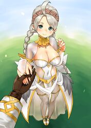  1boy absurdres ahoge alternate_costume blue_eyes bodystocking braid breasts bridal_gauntlets bride bride_(fire_emblem) closed_mouth cosplay couple dress female fire_emblem fire_emblem_fates fire_emblem_heroes gloves grey_hair hairband highres holding_hands igni_tion kiran_(fire_emblem) kiran_(male)_(fire_emblem) large_breasts looking_at_viewer low_twin_braids male_hand md5_mismatch nail_polish nina_(fire_emblem) parted_bangs resolution_mismatch smile source_smaller straight tharja_(bridal)_(fire_emblem) tharja_(fire_emblem) tharja_(fire_emblem)_(cosplay) twin_braids wedding_dress white_nails 