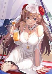  alternate_costume bare_shoulders beach beach_umbrella breasts brown_hair cleavage commentary_request commission cup dress earrings fate/grand_order fate_(series) female flower grey_eyes hair_between_eyes hair_flower hair_ornament highres holding holding_cup hoop_earrings jewelry long_hair looking_at_viewer mata_hari_(fate) medium_breasts neko_daruma open_mouth red_flower red_rose rose sand sitting skeb_commission smile solo umbrella veil white_dress 