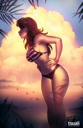  1girls beach bikini breasts brown_eyes brown_hair clouds fair-skinned_female fair_skin female female_focus female_only handband light-skinned_female light_skin long_hair mea_(tsuaii) solo solo_female solo_focus striped_bikini sunset swimsuit tsuaii 