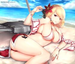  ass azur_lane beach bikini blonde_hair blue_sky bracelet breasts cannon choker cleavage cloud commentary_request covered_nipples day earrings female flower hair_flower hair_ornament holding holding_removed_eyewear jewelry large_breasts looking_at_viewer lying ocean official_alternate_costume on_side outdoors patreon_username prince_of_wales_(azur_lane) prince_of_wales_(sun_shining_upon_windsor)_(azur_lane) red_choker red_eyes rei_kun sand short_hair sky smile solo sunglasses swimsuit twitter_username unworn_eyewear white_bikini 