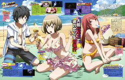  1boy 2girls absurdres ban_airi barefoot beach bikini breasts cleavage devil_survivor_2 food highres ice_cream kuze_hibiki long_hair megami_ibunroku_devil_survivor multiple_girls nitta_io short_hair swimsuit 