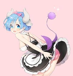  arms_at_sides artist_name ass ayamy backless_dress backless_outfit bare_arms blue_eyes blue_hair blush breasts commentary_request cosplay dragon_horns dress female frilled_dress frills from_side hairband horns kanna_kamui kanna_kamui_(cosplay) kobayashi-san_chi_no_maidragon leaning_forward looking_at_viewer looking_back maid medium_breasts open_mouth panties pantyshot pink_background pink_panties re:zero_kara_hajimeru_isekai_seikatsu rem_(re:zero) roswaal_mansion_maid_uniform short_hair sleeveless sleeveless_dress solo tail underbust underwear wavy_mouth 