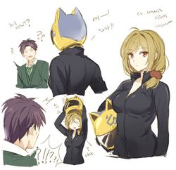  !? 1boy ? ^^^ ahoge alternate_costume animal_helmet bad_id bad_pixiv_id biker_clothes bikesuit black_bodysuit black_hair blank_eyes bodysuit breasts brown_eyes brown_hair celty_sturluson celty_sturluson_(cosplay) cleavage cosplay durarara!! female gekkan_shoujo_nozaki-kun helmet korean_text long_hair medium_breasts mery_(yangmalgage) motorcycle_helmet open_mouth ponytail removing_helmet sawashiro_miyuki scrunchie seo_yuzuki short_hair simple_background spiked_hair surprised sweater_vest translated unworn_headwear unworn_helmet voice_actor_connection wakamatsu_hirotaka white_background 