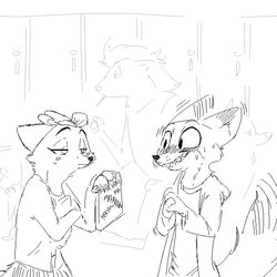  1:1 adolescent anthro black_and_white blush bodily_fluids canid canine clothed clothing disney excited female fox grin group high_school male mammal monochrome nick_wilde red_fox replytoanons school shaking sharp_teeth smile sweat sweatdrop teeth text true_fox young zootopia 