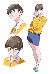  1boy :o adjusting_eyewear blue_shorts bowl_cut brown_eyes brown_hair closed_mouth collared_shirt commentary_request doraemon glasses hand_in_pocket long_sleeves looking_at_viewer male_focus multiple_views nobi_nobita open_mouth over-rim_eyewear parody photoshop_(medium) popqn semi-rimless_eyewear shirt shoes shorts simple_background standing tokimeki_memorial tokimeki_memorial_girl&#039;s_side white_background yellow_shirt 