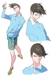  1boy arm_at_side black_hair blue_eyes blue_shirt brown_hair buttons closed_mouth collared_shirt commentary_request doraemon frown full_body green_shorts hand_up head_tilt honekawa_suneo legs_apart long_sleeves looking_at_viewer looking_up male_focus multiple_views parted_lips photoshop_(medium) popqn serious shirt shoes shorts simple_background smirk standing thumbs_up tokimeki_memorial tokimeki_memorial_girl&#039;s_side upper_body white_background wing_collar yellow_footwear 