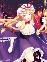  artist_name bare_shoulders blonde_hair bow breasts cleavage commentary_request corset detached_collar dress female folding_fan gap_(touhou) gloves hairbow hand_fan hat himaya large_breasts long_hair long_sleeves purple_eyes ribbon smile solo touhou white_gloves wide_sleeves yakumo_yukari 