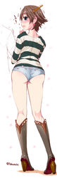  blush boots brown_hair commentary_request denim denim_shorts earrings female from_behind heart heart-shaped_lock heart_earrings heart_lock_(kantai_collection) hiei_(kancolle) high_heel_boots high_heels highres jewelry kantai_collection knee_boots looking_back shirt short_hair shorts solo standing striped_clothes striped_shirt tokuda_shinnosuke translated white_shorts 