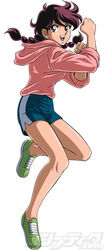  araki_shingo braids brown_eyes brown_hair hood kurumada_masami lowres ring_ni_kakero shorts sneakers solo sports_clothes sportswear sweatshirt takane_kiku 