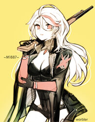  artist_name breasts character_name chinese_commentary cleavage cleavage_cutout clothing_cutout commentary_request earrings female girls&#039;_frontline gun jacket jewelry large_breasts lever_action long_hair looking_at_viewer m1887_(girls&#039;_frontline) multicolored_hair parted_lips red_eyes shotgun solo streaked_hair warbler weapon yellow_background 