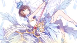  aquarius_(symbol) brown_hair cardcaptor_sakura cardcaptor_sakura_clear_card_arc commentary crown dodecagram dress feathered_wings female gloves green_eyes highres hitomi95 holding holding_staff kinomoto_sakura kinomoto_sakura_(crystal_feather_dress) looking_at_viewer magical_girl multiple_wings pisces_(symbol) short_hair smile solo staff wings yume_no_tsue zodiac_wheel 