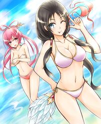  2girls assisted_exposure bikini black_hair blue_eyes blush breasts cleavage clothes_theft commentary_request cousins covering_breasts covering_privates embarrassed frilled_bikini frills geckolion hair_rings hand_on_own_hip large_breasts long_hair magi_the_labyrinth_of_magic medium_breasts multiple_girls navel one_eye_closed open_mouth ponytail red_eyes red_hair ren_hakuei ren_kougyoku shiny_skin side-tie_bikini_bottom swimsuit swimsuit_theft tears theft topless twintails unworn_bikini_top 