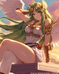  angel_wings bare_shoulders breasts collarbone crossed_legs dress earrings feathered_wings female forehead_jewel green_eyes green_hair itzah jewelry kid_icarus large_breasts long_hair missing_commentary palutena pixel_art single_thighhigh sitting solo strapless strapless_dress thighhighs white_dress white_thighhighs white_wings wings 