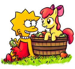  apple apple_bloom_(mlp) crossover duo equid equine female female/female food friendship_is_magic fruit grass green_apple happy hasbro hi_res horse human larrychan_(artist) lisa_simpson mammal my_little_pony on_ground pink_bow plant pony red_apple simple_background smile the_simpsons white_background yellow_body yellow_skin 