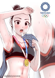  2020_summer_olympics absurdres armpits artist_name black_eyes black_hair black_sports_bra blush breasts cleavage close-up commentary_request english_commentary female fingernails forehead gyeoggi_3_ban hair_bun highres korean_commentary kwon_tae-young linea_alba medal mixed-language_commentary monomomo navel olympics paid_reward_available short_hair single_hair_bun small_breasts solo sports_bra towel_on_one_shoulder upper_body wiping_sweat 