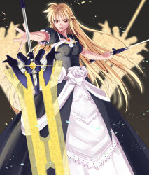  bardiche_(nanoha) bardiche_(riot_zanber_ii)_(nanoha) black_dress blonde_hair breasts dress dress_flower energy_sword fate_testarossa female flower highres long_dress long_hair lyrical_nanoha mahou_senki_lyrical_nanoha_force medium_breasts red_eyes solo sougetsu_izuki sword weapon 